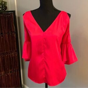Express Fuschia Pink-Red Satin Cold-Shoulder Blouse